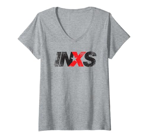 Damen INXS – Distressed Logo On Grey T-Shirt mit V-Ausschnitt von INXS