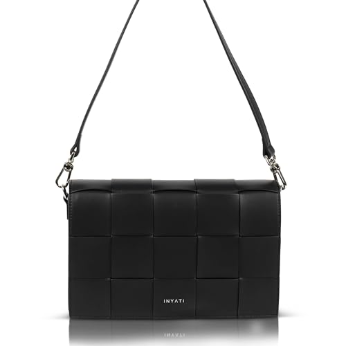 INYATI PETTA - Schultertasche Damen Handtasche | 100% VEGAN | Schwarz, vanilla oder mocha | Crossbody-Bag für Arbeit Uni ausgehen Freizeit Dinner Hochzeit Shoppen black/silver von INYATI