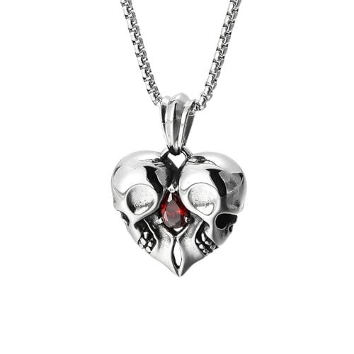 IOETSEUT Herren Halskette Punk Vintage Totenkopf Herz mit rotem Stein Anhänger Halskette für Männer Frauen Hip Hop Biker Paar Schmuck Geschenk von IOETSEUT