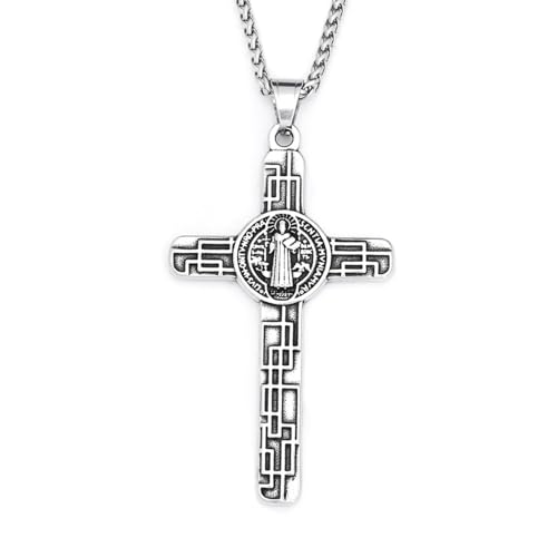 IOETSEUT Herren Halskette Vintage Katholisches Kreuz Halskette Für Männer Frauen Heiliger Benedikt Kreuz Anhänger Mode Amulett Schmuck Geschenke Geschenk von IOETSEUT