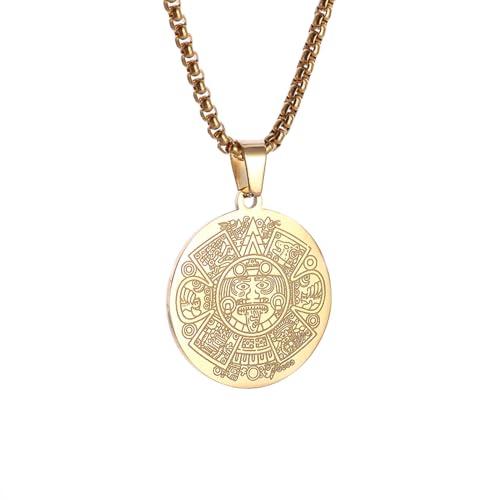 IOETSEUT Männer personalisierte Halskette Retro Azteken Maya Kalender Anhänger Göttliches Tier Halskette Herren Amulett Runde Münze Schmuck Geschenk von IOETSEUT