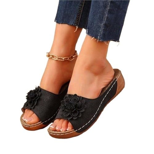 IOEUIWP Plus Size Flower Plateau Rutschfeste Sandalen Offene Zehenpartie Ausgehöhlte Hausschuhe Für Drinnen & Draußen(Black,40) von IOEUIWP