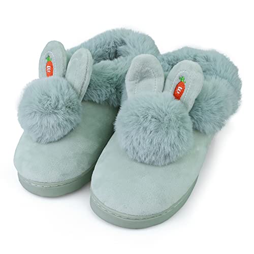 IONOKO Hausschuhe Damen Plüsch Flauschige Warme Süßer Hase Alles Inklusive Memory Foam Slipper Leicht Rutschfeste Bequem Flache Home Pantoffeln Grün EU 38 39 von IONOKO