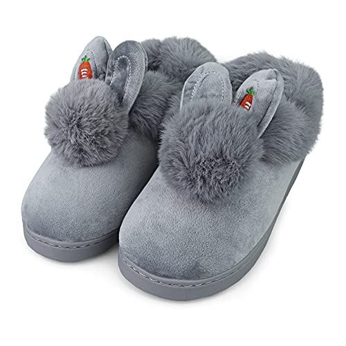 IONOKO Hausschuhe Mädchen Plüsch Flauschige Warme Süßer Hase Alles Inklusive Memory Foam Slipper Leicht Rutschfeste Bequem Flache Home Pantoffeln Grau EU 32 33 von IONOKO