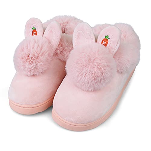 IONOKO Hausschuhe Mädchen Plüsch Flauschige Warme Süßer Hase Alles Inklusive Memory Foam Slipper Leicht Rutschfeste Bequem Flache Home Pantoffeln Hell Pink EU 32 33 von IONOKO