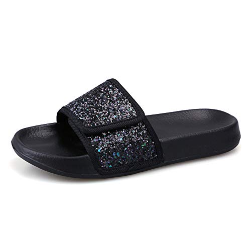 IONOKO Mädchen Slide Sandalen Kinder Sommer Hausschuhe Badelatschen Rutschfest Leicht Strand Funkeln Slipper Schwarz 31 EU von IONOKO