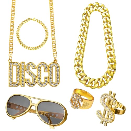 IOPJLK Dollar Kette Set, 6 Stück Goldkette Kostüm, Zuhälter Kostüm Hip Hop Rapper Punk Gold Kette Goldring Fasching & Karneval für 70er,80er,90er Jahre Accessoires von IOPJLK