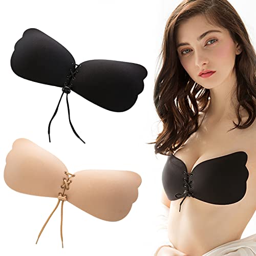 IOSPKKIO® 2 Stück Klebe BH Push Up,mit Kordelzug Kieselgel Selbstklebender BH für Rückenfreies Abendkleid,Bequem Atmungsaktiv Wiederverwendbarer BH(C,Schwarz & Hauttöne) von IOSPKKIO