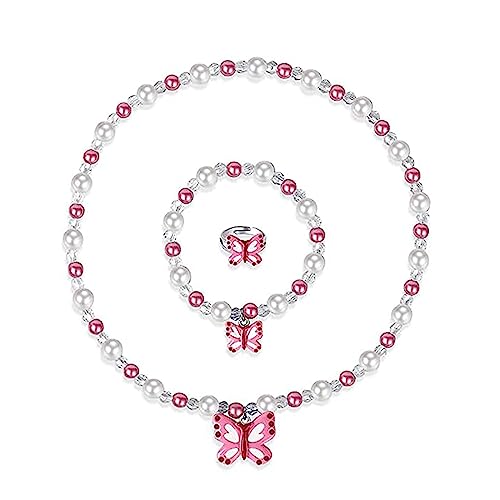 IOSPKKIO® Schmetterlings-Stretch-Halskette, kleines Mädchen Kleinkind Halskette Armband-Set, Inklusive rosa Beutel, kleine Prinzessin Schmuck Kinder Halsketten von IOSPKKIO
