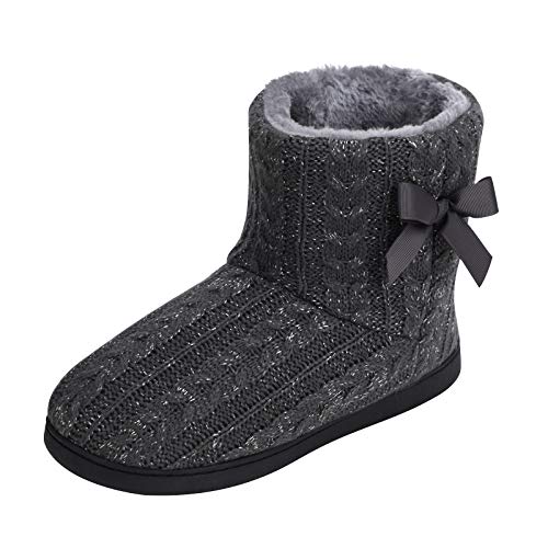 Damen Hausschuhe Stiefel Gestrickte Warme Plüsch Memory Foam Schuhe Winterschuhe mit Bowknot Bootie Hüttenschuhe Pantoffeln Baumwollschuhe rutschfeste Feste Sohle Indoor Outdoor von IPENNY