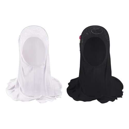 IPENNY 2 Stück Mädchen Kopftuch Kinder Muslimischer Kleines Moslem Schal mit Blumen Arabien Islamische Kopfkappe Kleidung Sommer Stretch Kopfbedeckung Haartuch von IPENNY