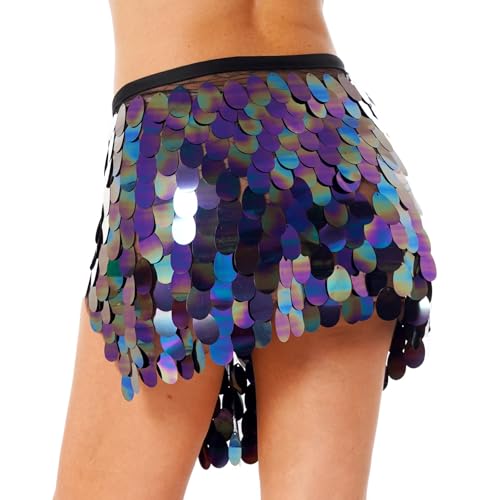 IPENNY Bauchtanz Hüftrock über dem Knie Pailletten Meerjungfrau Hüftschal mit Fransen Wrap Rave Karneval Kostüm für Damen Rechteckig Tanzkostüm mit Taillenkette Gürtel von IPENNY