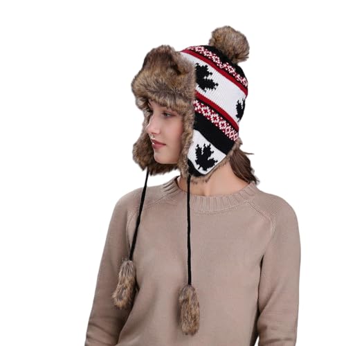 IPENNY Damen Wollmützen Bommelmütze Beanie Hüte Trapper Winter Pom-Pom-Hut Ahornblatt Muster Mädchen Plüsch Mütze Strickmütze Winter Wärmer Earflap Fleece Gestrickte Wollmützen mit Kunstpelz von IPENNY