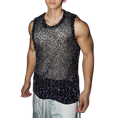 IPENNY Netz Tank Tops für Männer Muskel Transparent Shirts Netzhemd Rundkragen Netzshirt ärmellos Clubwear Disco Party Netzshirt Nachtclub Party Shirt Tops Fischer-Mesh-Weste mit Pailletten von IPENNY