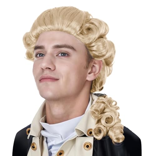 Richter Herren Lang Welle Beige Perücke Lockig Marquis Perücke Koloniale Gentleman Haare für Fasching Cosplay Halloween Kostüm 18th Jahrhundert von IPENNY