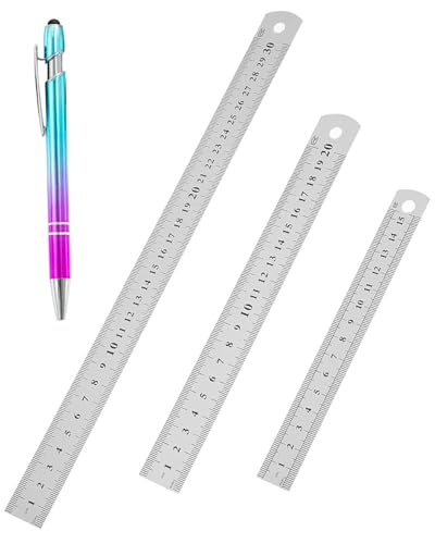 IPNSDON 3Pcs-Edelstahl-Lineal mit doppelseitiger abgestufter Kante, Stahllineal, Lineal, Messwerkzeug aus Metall, 15 20 30 cm, plus ein feiner Kugelschreiber für den Unterricht bei Zeichenprojekten von IPNSDON