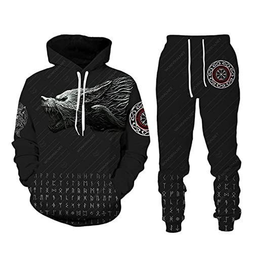 IPOVOQ 3D-bedrucktes Trainingsanzug-Set für Herren Wikinger-Hoodies und Joggerhosen-Set 2-teiliges Set Lässiges Kapuzen-Sweatshirt-Set von IPOVOQ