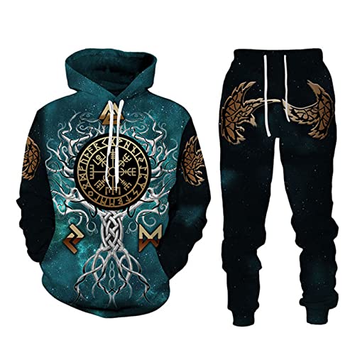 IPOVOQ 3D-bedrucktes Trainingsanzug-Set für Herren Wikinger-Hoodies und Joggerhosen-Set 2-teiliges Set Lässiges Kapuzen-Sweatshirt-Set von IPOVOQ