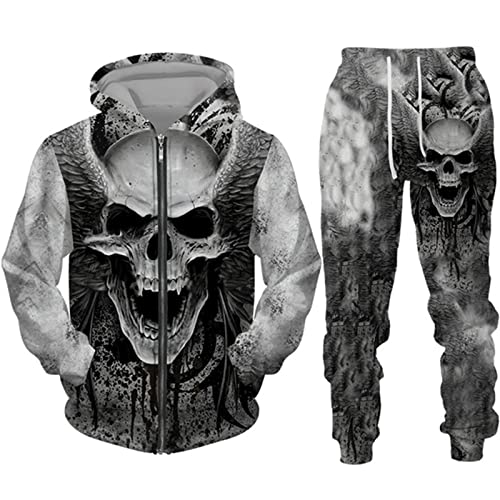 IPOVOQ Herren Trainingsanzug Set Horror Totenkopf 3D gedruckt Reißverschluss Hoodie und Jogger Hose Anzug Zweiteiliges Set Casual Kapuze Sweatshirt Set von IPOVOQ