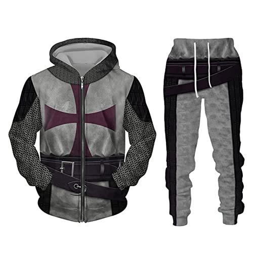 IPOVOQ Herren Trainingsanzug Set Tempelritter 3D gedruckt Reißverschluss Hoodie und Jogger Hose Anzug Zweiteiliges Set Casual Kapuze Sweatshirt Set von IPOVOQ