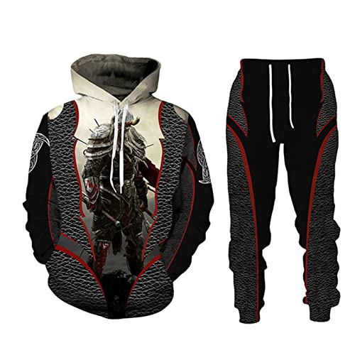 IPOVOQ Herren Trainingsanzug Set Viking Warrior 3D gedruckt Hoodie und Jogger Hose Anzug Zweiteiliges Set Casual Kapuze Sweatshirt Set von IPOVOQ