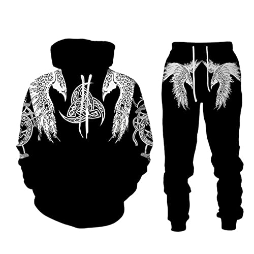 IPOVOQ Herren Trainingsanzug Set Viking Warrior 3D gedruckt Hoodie und Jogger Hose Anzug Zweiteiliges Set Casual Kapuze Sweatshirt Set von IPOVOQ
