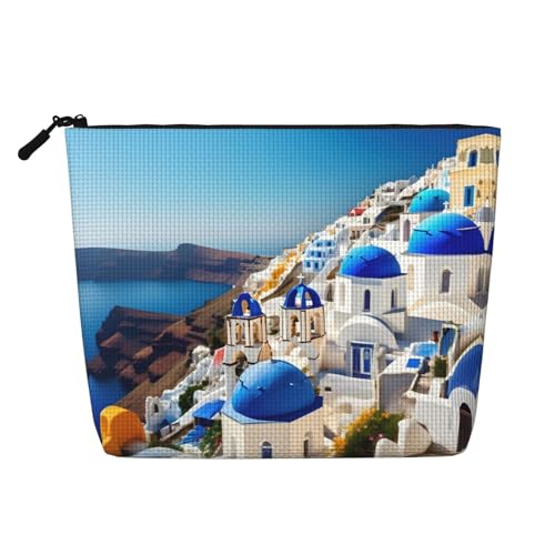 IPPONGET Santorini Kosmetiktasche mit griechischer Insel und Meerblick, einlagig, Make-up-Tasche mit Reißverschlussbeuteln für Damen, niedlich und tragbar von IPPONGET