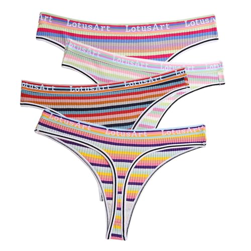IPUDIS 4Er-Pack Damen-Unterhosen Aus Baumwolle mit Bunten Streifen G-String T-Back Sport-Slip Hipster-Bikini-Unterhose Atmungsaktive Schlüpfer Multipack M von IPUDIS