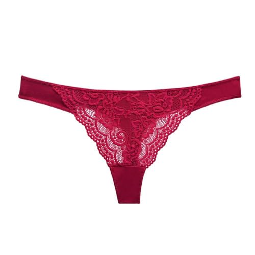 IPUDIS Baumwoll-String für Damen Niedrige Taille Spitze G-String Höschen Hipster-Bikini Ausgehöhlt Nahtlos Unterwäsche Slips T-Rücken Schlüpfer Weinrot M von IPUDIS