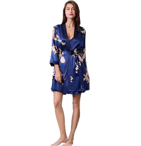 IPUDIS Großes Damen-Satin-Bademantel-Set mit Drachen-Print 2-teilig Nachtwäsche für Paare Bademantel aus Seide Nachthemd und Bademantel-Set für Herren lässiger Kimono lockere Homewear,Damen Blau,M von IPUDIS