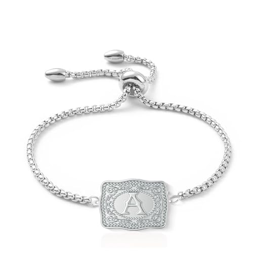 IQIC Gürtelschnallenarmband mit silberner Initiale mit westlichem Kuhanhänger, verstellbarer Mini-Initialbuchstabe A-Z, Armbändern, Western-Cowboy, personalisierter Schmuck für Damen, meidum von IQIC