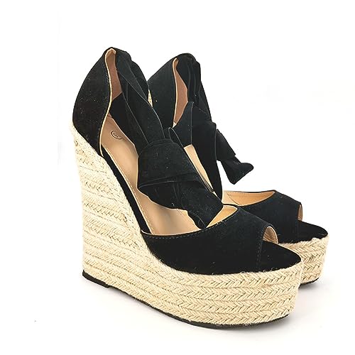 IQOAIJ Plattform Wedges High Heels Sandalen Frauen Stroh Sommer Party Schuhe Wrap Sandalen Damen Wedges Schuhe,Schwarz,37 EU von IQOAIJ