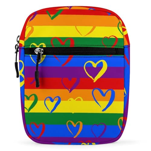 IQOPPEDR Lgbt Gay Pride Kleine Umhängetasche, Regenbogen-Herzen, Schultertasche, Handtasche für Damen und Herren, Mini-Umhängetasche mit verstellbaren Trägern, Siehe Abbildung, Einheitsgröße von IQOPPEDR