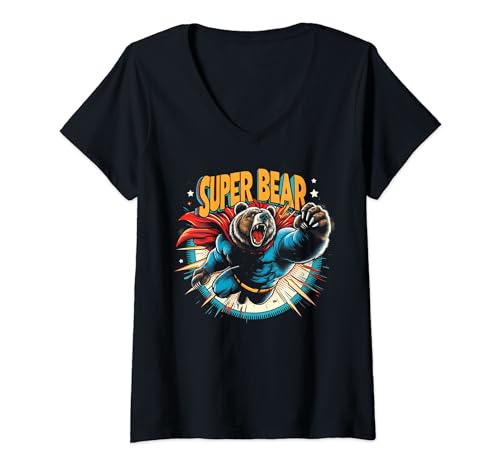 Damen Super Bear T-Shirts mit lustiger Grafik T-Shirt mit V-Ausschnitt von IQTEE