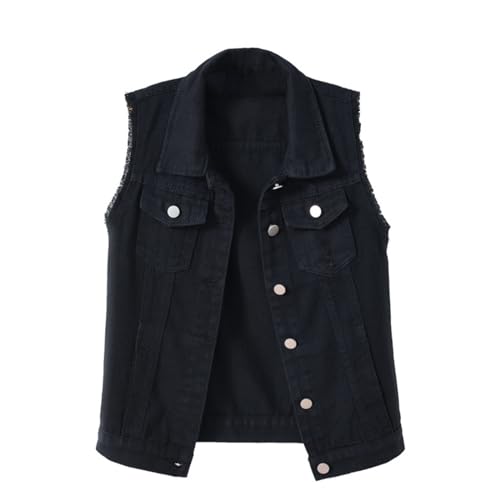 Ärmellose Jeansjacke Damen Schwarz - Jeansweste Damen Oversize Große Größen Denim-Weste Mit Knopfleiste Übergangsjacke Elegant Jeansjacken Destroyed-Jeans-Jacken Ärmellos Jacke Biker Denim-Westen von IQYU