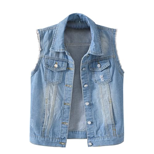 Ärmellose Jeansjacke Damen Schwarz - Jeansweste Damen Oversize Große Größen Denim-Weste Mit Knopfleiste Übergangsjacke Elegant Jeansjacken Destroyed-Jeans-Jacken Ärmellos Jacke Biker Denim-Westen von IQYU