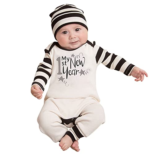 Baby Body Vintage Mein erstes neues Jahr Kleidung Neugeborenes Baby Junge Mädchen Neujahr Outfits Streifen Brief drucken Strampler Overall Hut Stirnband Outfits Set Regenkleidung (White, 3-6 Months) von IQYU