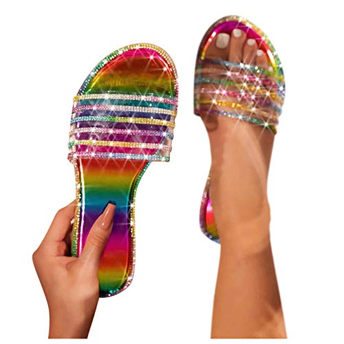 Badeschuhe Damen Glitzer - Sommerschuhe Damen Sandalen Glitzer-Flach Badelatschen rutschfest Hausschuhe Bequem Slippers Sandals Bunt Strass Sandaletten Flip-Flops Badeschlappen/Badelatschen von IQYU