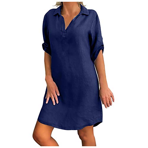 Blusenkleid Damen Knielang Kurzarm - Leinenkleid Damen Sommer Hemdkleid V-Ausschnitt Sommerkleid Elegant Leinen-Freizeitkleid GroßE GrößE Strandkeid Vintage Blusenkleider-Strandkleider Tunika Kleid von IQYU