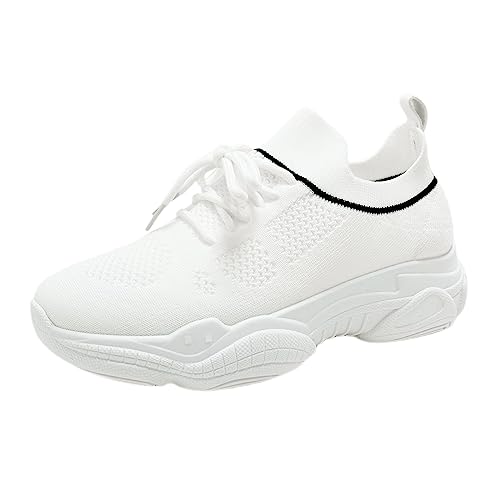 Damen Sneaker Weiss - Dicke Sohlen VerschleißFest Freizeit-Sneaker - Modischer Runde Zehe Leichtgewichts Sneakers Turnschuh - Casual DäMpfung SchnüRhalbschuhe Fitnessschuhe Laufsportschuhe von IQYU