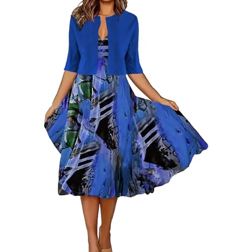 Damen Zweiteiler Kleid Elegant Festlich Freizeitkleid A Linie Midi Sommerkleid 2 Teilige Blusenjacke Blumen Abendkleid Festkleid Vintage Ballkleider Karneval Kostüm Party Freizeitanzug von IQYU