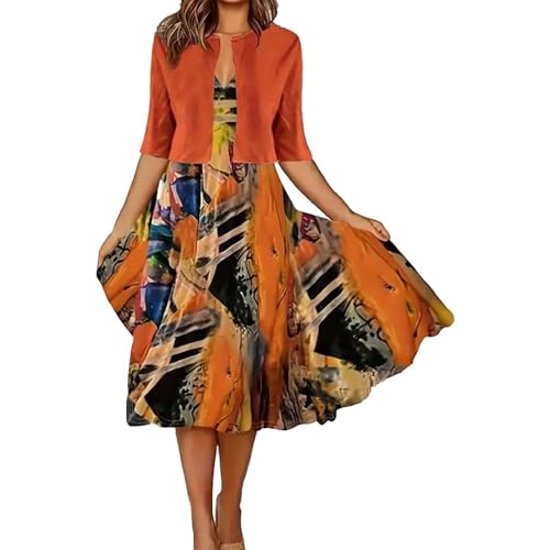 Damen Zweiteiler Kleid Elegant Festlich Freizeitkleid A Linie Midi Sommerkleid 2 Teilige Blusenjacke Blumen Abendkleid Festkleid Vintage Ballkleider Karneval Kostüm Party Freizeitanzug von IQYU