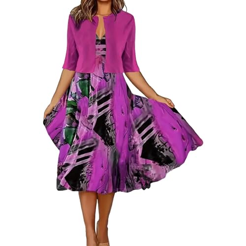 Damen Zweiteiler Kleid Elegant Festlich Freizeitkleid A Linie Midi Sommerkleid 2 Teilige Blusenjacke Blumen Abendkleid Festkleid Vintage Ballkleider Karneval Kostüm Party Freizeitanzug von IQYU
