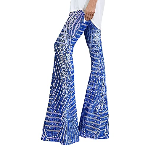 Glitzer Hose Damen Lang Party: Schlaghose Damen 70Er Glitzer Silber Freizeithose Elegant Damen-Hosen Vintage Tanzhose Stretch Stoffhose Leicht Sommerhose Weite Bein Palazzo Hosen Party Disco Clubwear von IQYU