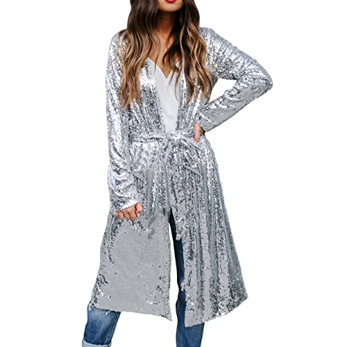 Glitzer Jacke Damen Lang - Pailletten Jacke Damen Silber Mantel Tailliert Strickjacke Pullover Oversize Strickjacken Winter Lange Strickjacke Elegant Kuschelig Übergangsmantel Leichte Sommerjacke von IQYU