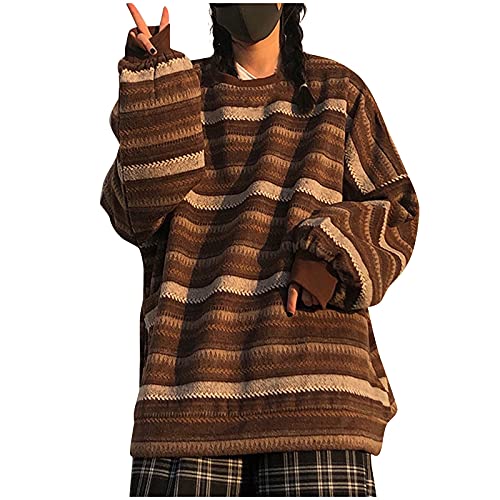 Grunge Sweater Stripes: Pulli Damen Oversize Braun - Gestreifte-Strickpullover Damen Oversize Vintage Grobstrickpullover Teenager Mädchen Pullover Jumper Sweatshirt Hoodies Hip Hop Streetwear von IQYU