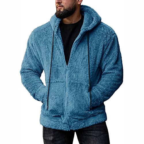 Herren Unterziehjacke Herren Casual Herbst Solide Kapuze Reißverschluss Langarm Taschenmantel mit Kordelzug Lose Warme Plüschjacke Fleecejacke Eng (Blue, L) von IQYU