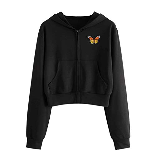 Hoodies FüR Teenager MäDchen Schmetterling: Sweatjacke Damen Mit Kapuze Oversize Kurz-üBergangsjacke Langarm Kapuzenjacke Vintage College-Jacke Zip Hoody Mit ReißVerschluss Sportjacke Sweatshirt-Jacke von IQYU