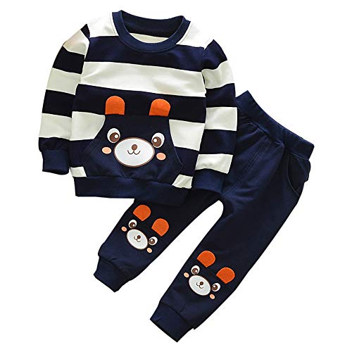 IQYU Baby Hemd 86 Kinder Set Junge Herbstkleidung Oberteile + Hosen gestreifte Baby-Outfits-Mädchen Bär Baby Hochzeit Junge (Navy, 100) von IQYU