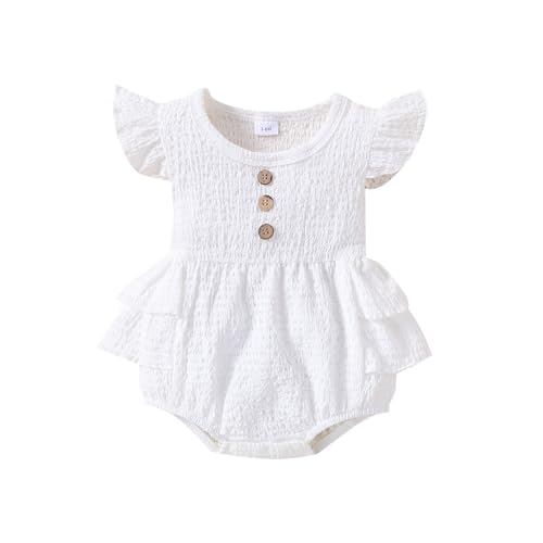 IQYU Baby Sachen Für Neugeborene Solide Baumwolle Leinen Strampler Neugeborenen Rüschen Taste Verziert Bodys Kleidung Baby Body Langarm 86 (White, 3-6 Months) von IQYU